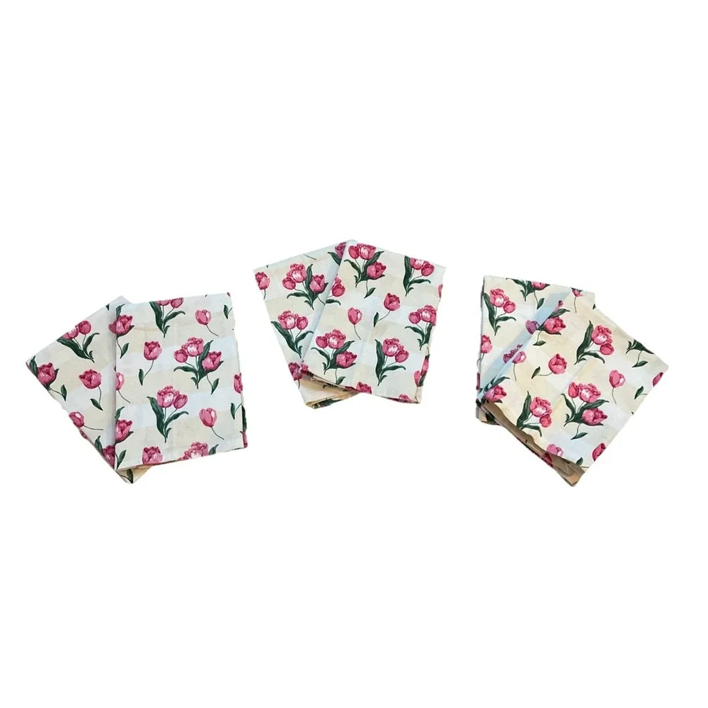 Vintage Napkin Cream‎ Pink Green Floral Rose Fabric MCM 18